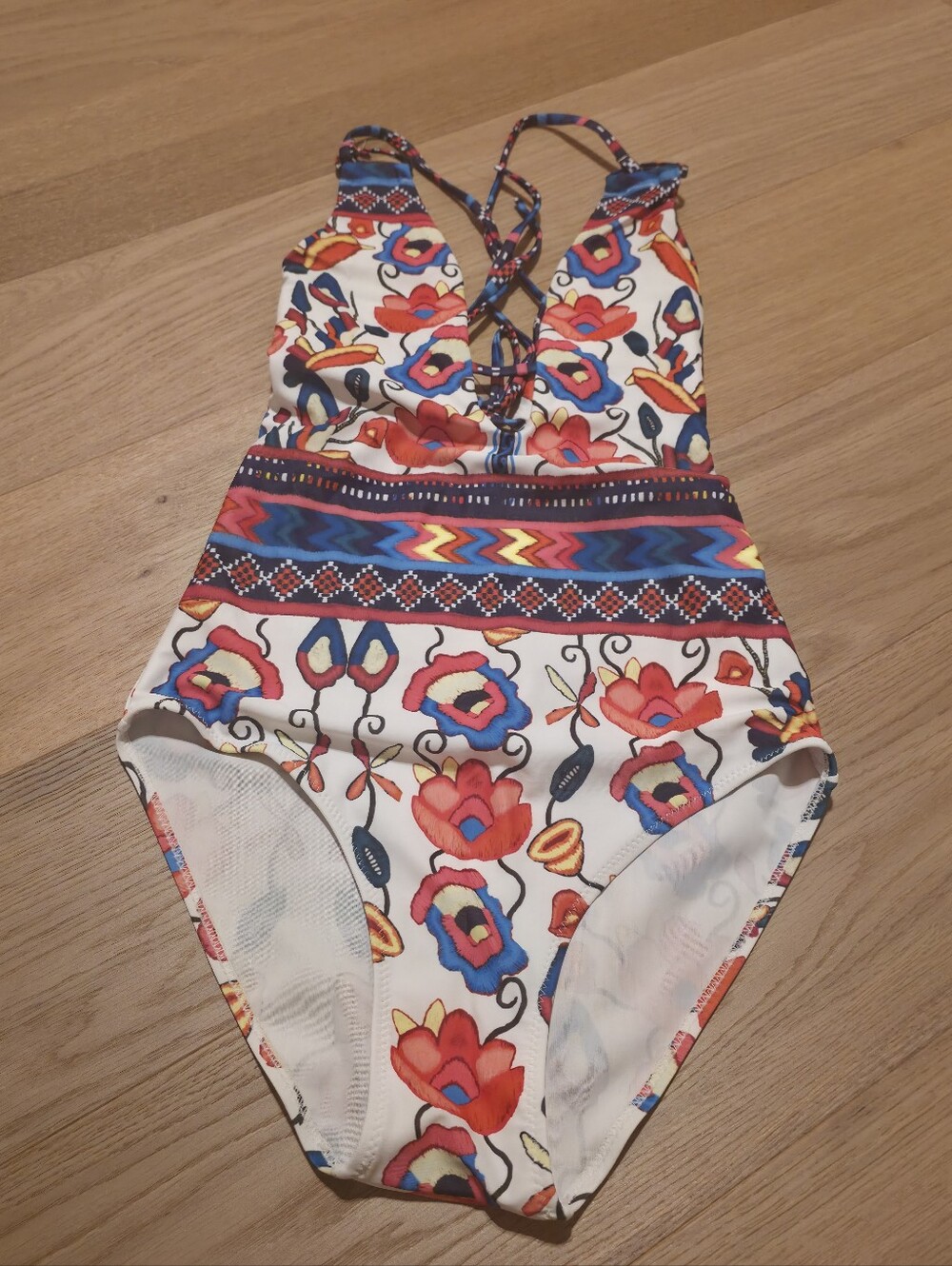 White Floral One-Piece Swimsuit with Multicolor Print